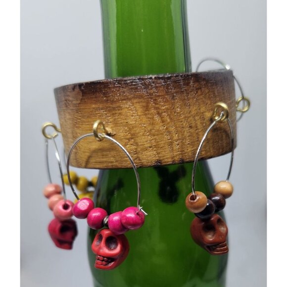 Skull Colorful Wine Glass Charms Set - 6 Themed Unique Charms With Beads & Wood - Picture 9 of 13